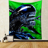 A vibrant green tapestry featuring a menacing black and blue alien head design.