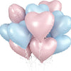 A cluster of pink and light blue heart-shaped foil balloons tied together.