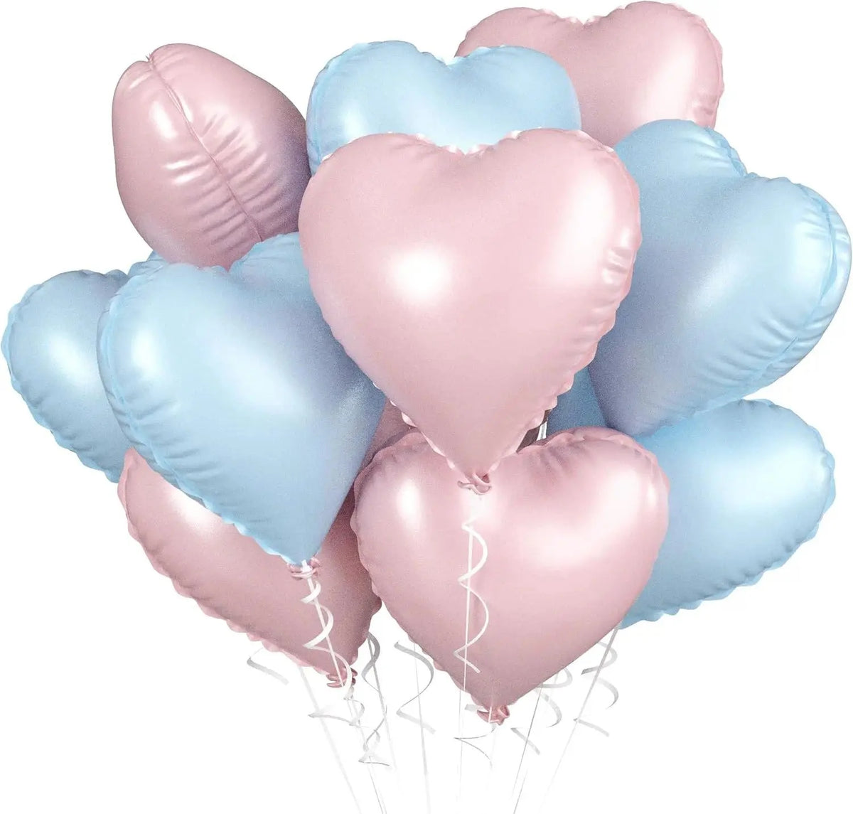A cluster of pink and light blue heart-shaped foil balloons tied together.