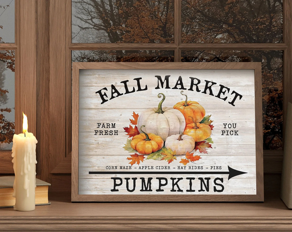 Rustic canvas wall art poster featuring pumpkins and corn maze illustrations for fall market decor