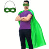A man wearing a purple shirt and black pants with a green eye mask and a flowing green cape.