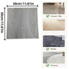 A rectangular sheet of gray wood grain self-adhesive decor stickers, shown alongside examples of ceramic tiles, marble, and t
