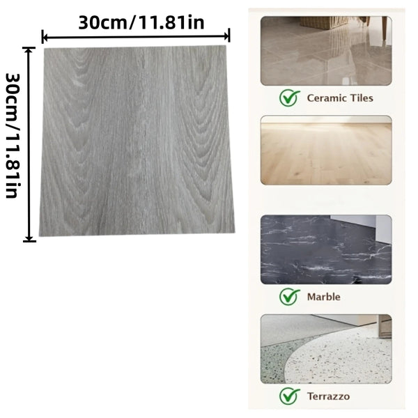 A rectangular sheet of gray wood grain self-adhesive decor stickers, shown alongside examples of ceramic tiles, marble, and t