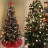 Two decorated Christmas trees adorned with red and silver ornaments and lights.