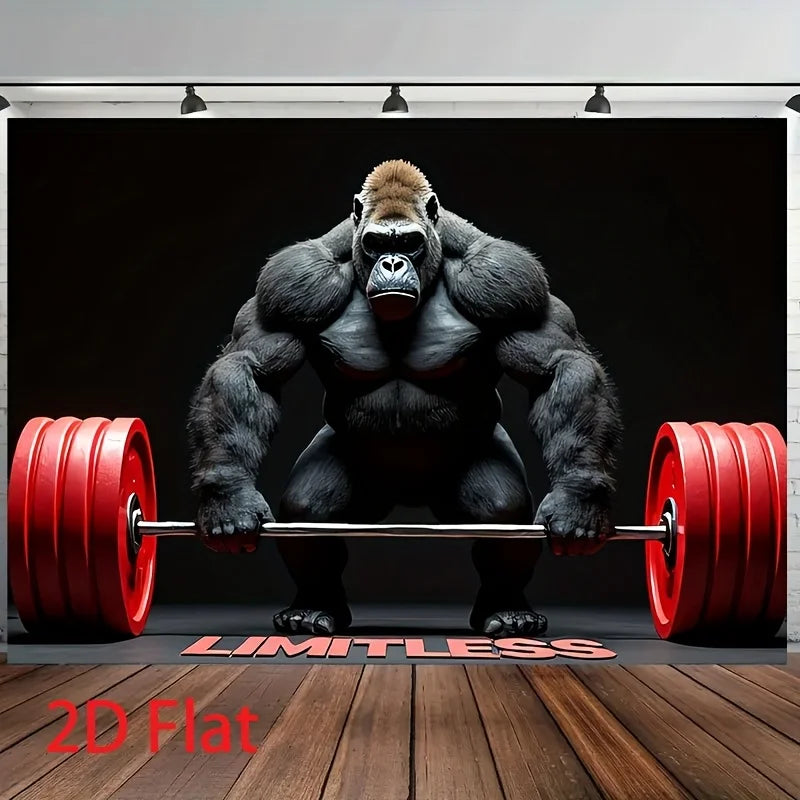 A muscular gorilla is shown lifting a barbell in a black and white studio setting for a weightlifting backdrop banner.