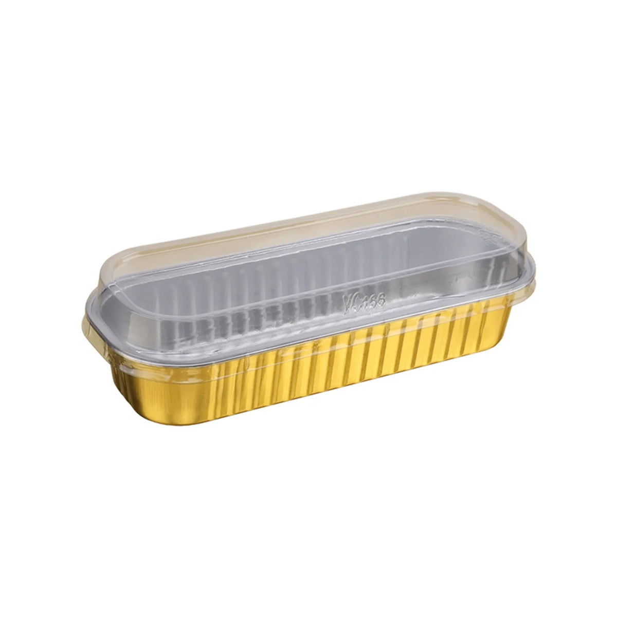 Disposable aluminum foil baking tray with a clear plastic lid and a gold-colored rim.
