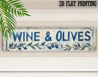 Vintage retro metal street sign featuring the text Wine & Olives surrounded by olive branches for wall decor.