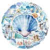 A collection of watercolor stickers depicting various ocean life, including a large blue seashell.