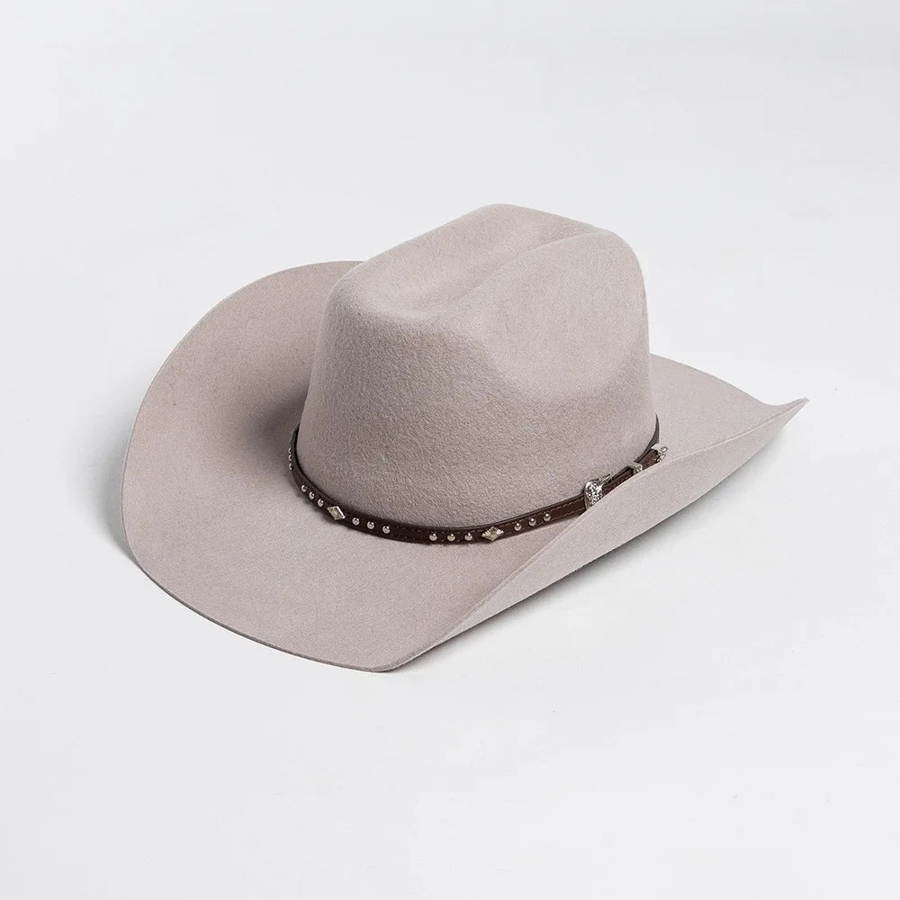 A light taupe wool cowboy hat with a dark brown studded leather band.