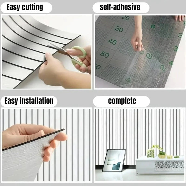 Demonstration of self-adhesive mirror effect wallpaper installation and application.