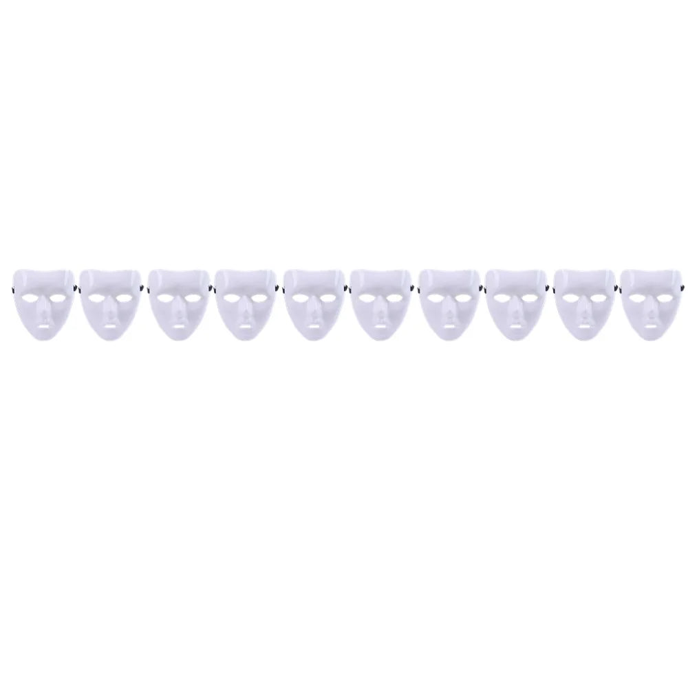 A row of twelve white performance masks for dance, cosplay, and Halloween