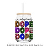 A clear tumbler with a wooden lid featuring the word DOPE repeated in various leopard print colors.