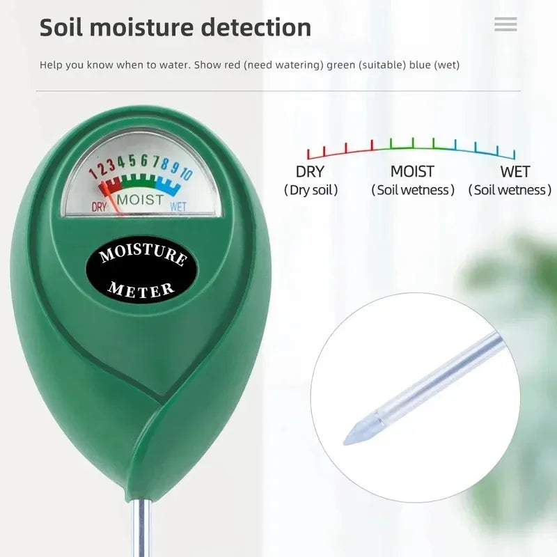 A green soil moisture meter with a scale showing dry, moist, and wet levels for indoor plant care.