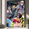 A wall poster featuring Spike Spiegel from Cowboy Bebop in a dynamic pose against a dark background.
