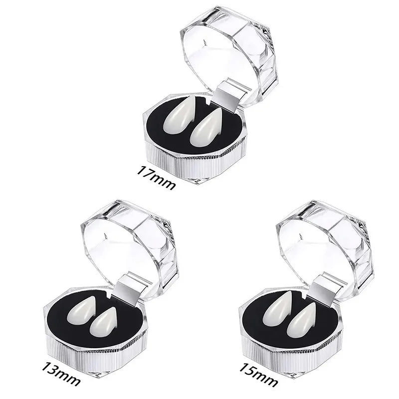 A set of realistic vampire fangs with adjustable fit shown in various sizes.