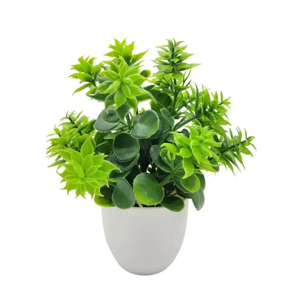 A vibrant green artificial bonsai plant in a white pot.