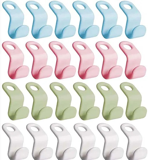 A collection of space-saving cascading hanger connector hooks in various pastel colors and finishes.