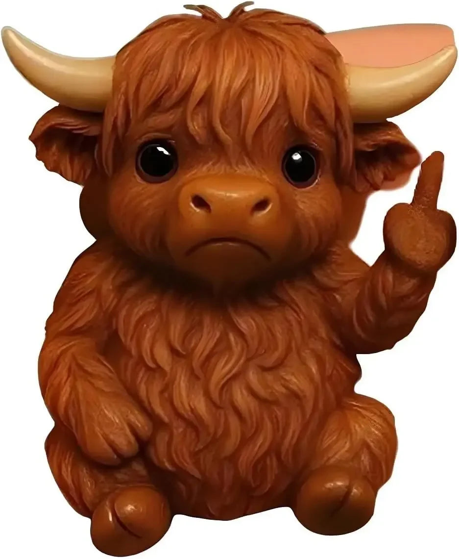 A small, brown resin statue of a fluffy calf with large eyes and horns.