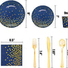 A set of blue and gold disposable party tableware including plates, bowls, forks, and spoons.