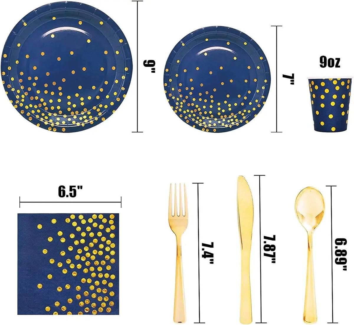 A set of blue and gold disposable party tableware including plates, bowls, forks, and spoons.