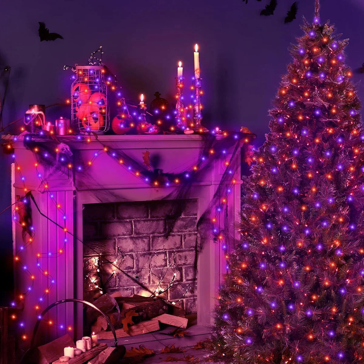 A fireplace decorated with purple and orange LED string lights, surrounded by a brightly lit Christmas tree.