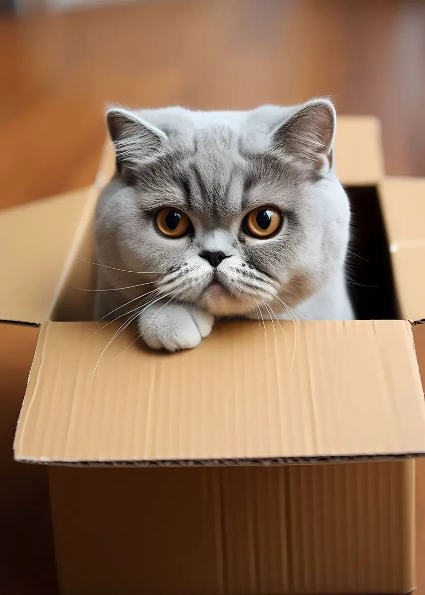 A fluffy gray kitten peeks out of a cardboard box.