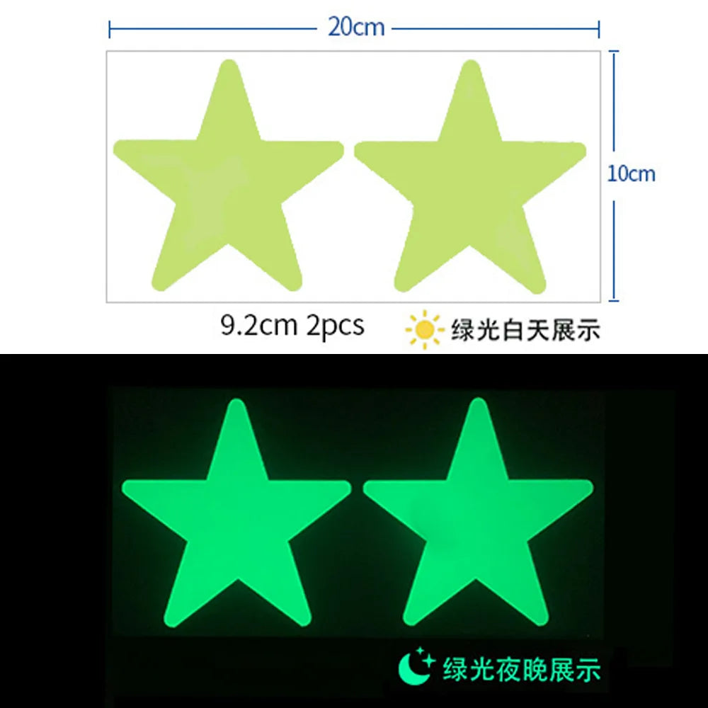 Two neon green star-shaped glow-in-the-dark wall stickers shown in daylight and nighttime settings.