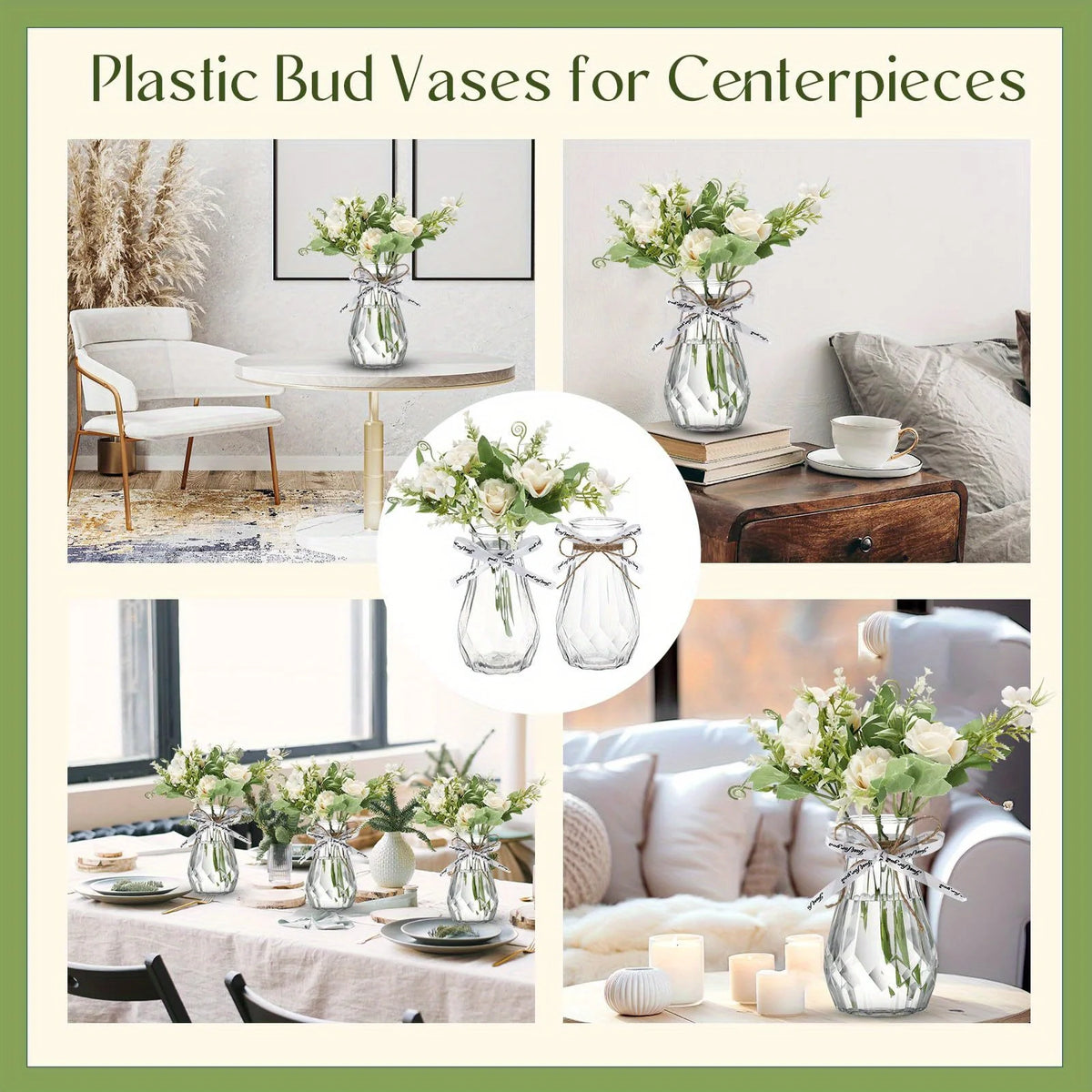 A collection of clear plastic bud vases for centerpieces, showcasing various glass and crystal designs.