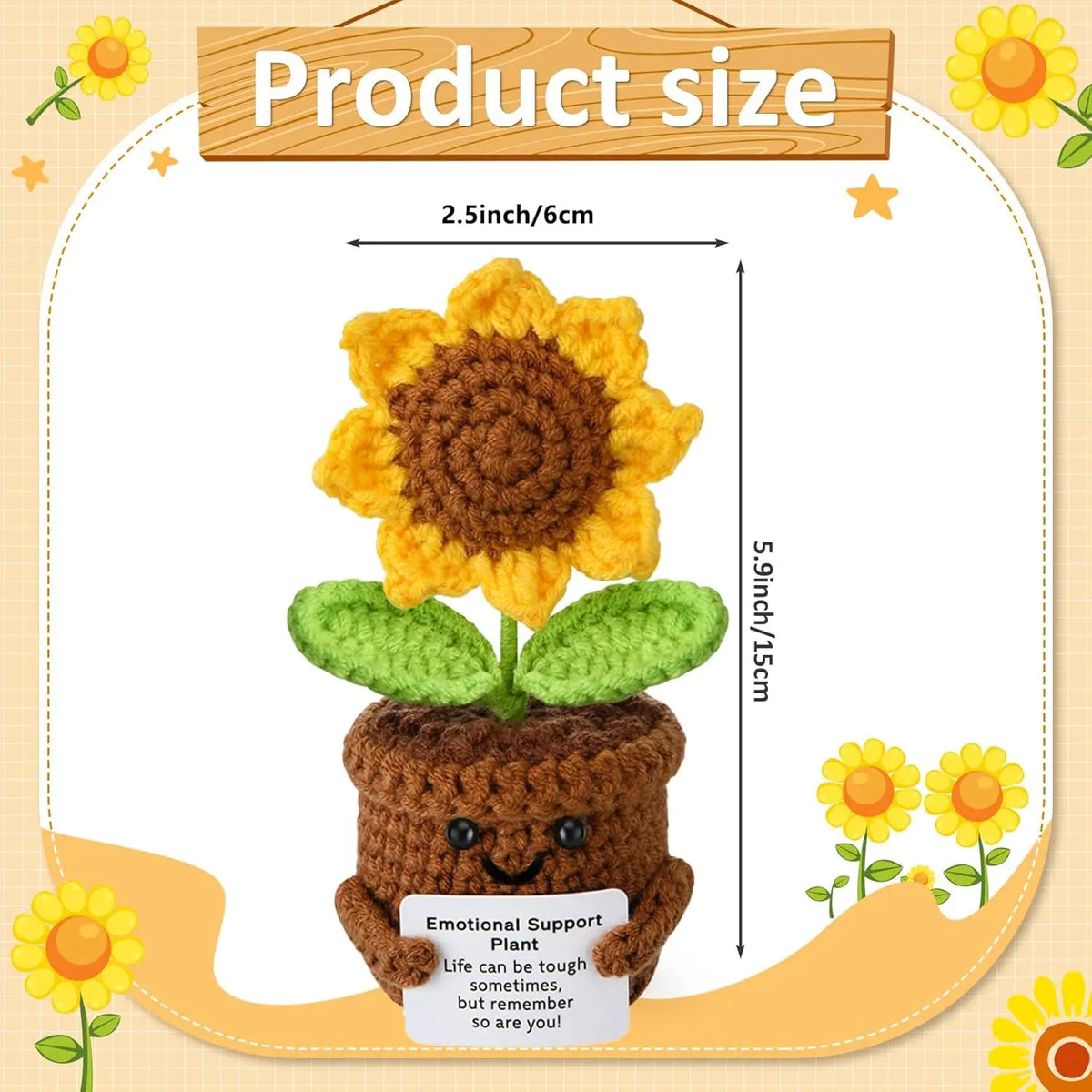 Handcrafted crochet plant featuring a yellow flower and green leaves, with a small dog figure at the base.