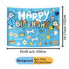 A colorful banner with happy birthday text and dog-themed decorations for a party