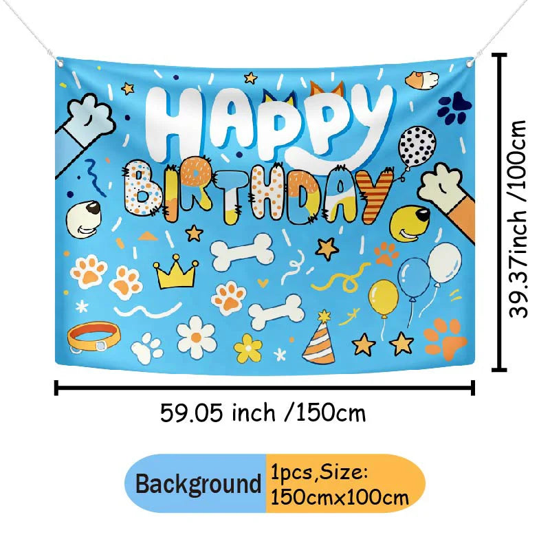 A colorful banner with happy birthday text and dog-themed decorations for a party