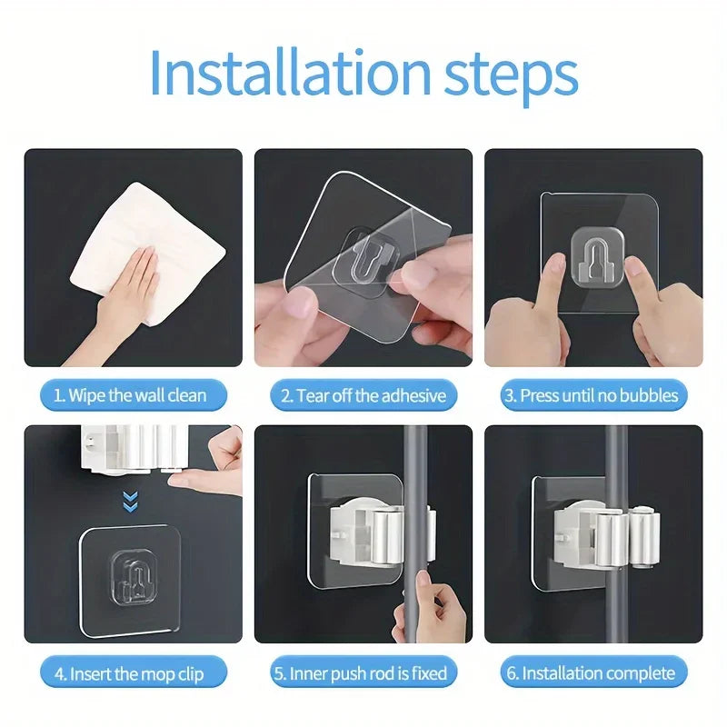 Installation steps showing how to install a wall mounted mop and broom holder.