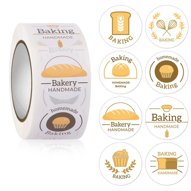 Roll of baking handmade stickers featuring various baked goods icons and the words Baking and Bakery Handmade