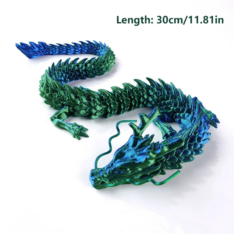 A flexible, color-changing dragon figurine in vibrant green and blue scales.