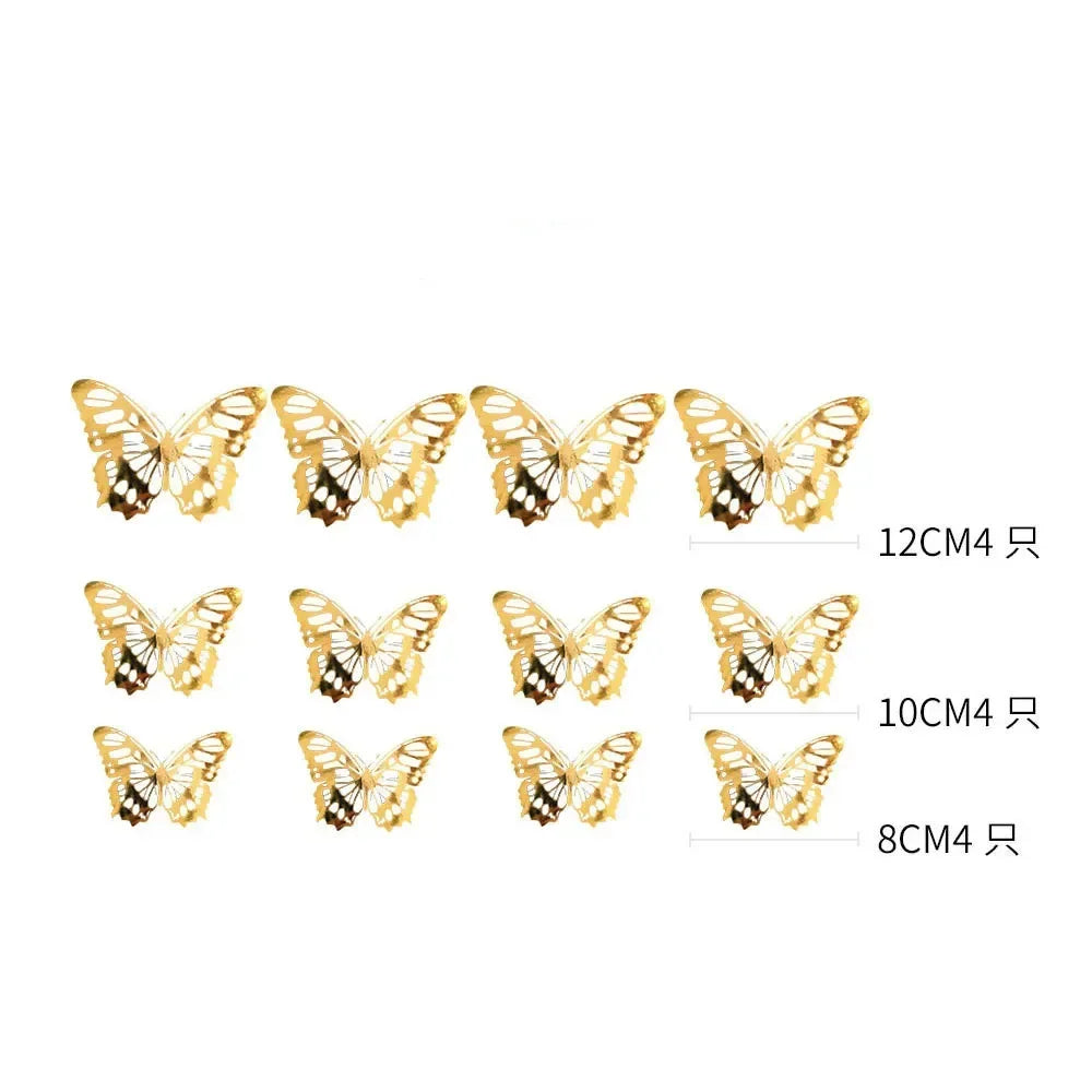 A set of gold butterfly cake toppers in various sizes, including 12cm, 10cm, and 8cm.