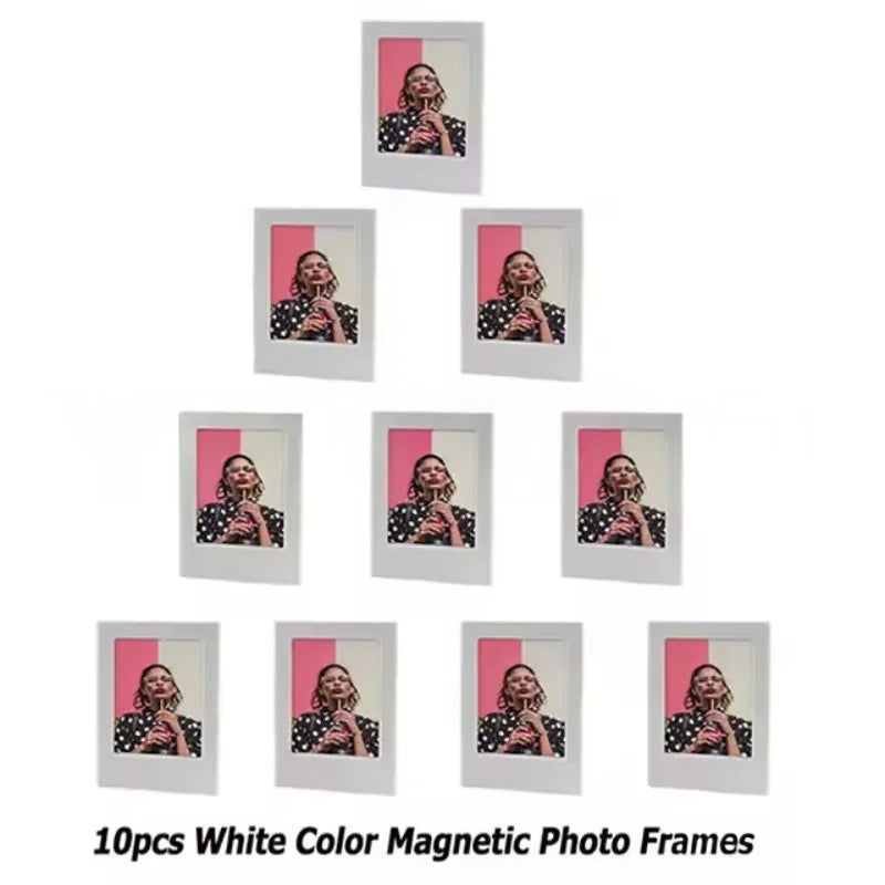 Ten white color magnetic photo frames displayed in a vertical arrangement.