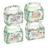 A set of green cardboard boxes decorated with watercolor illustrations of safari animals like elephants and lions for birthda