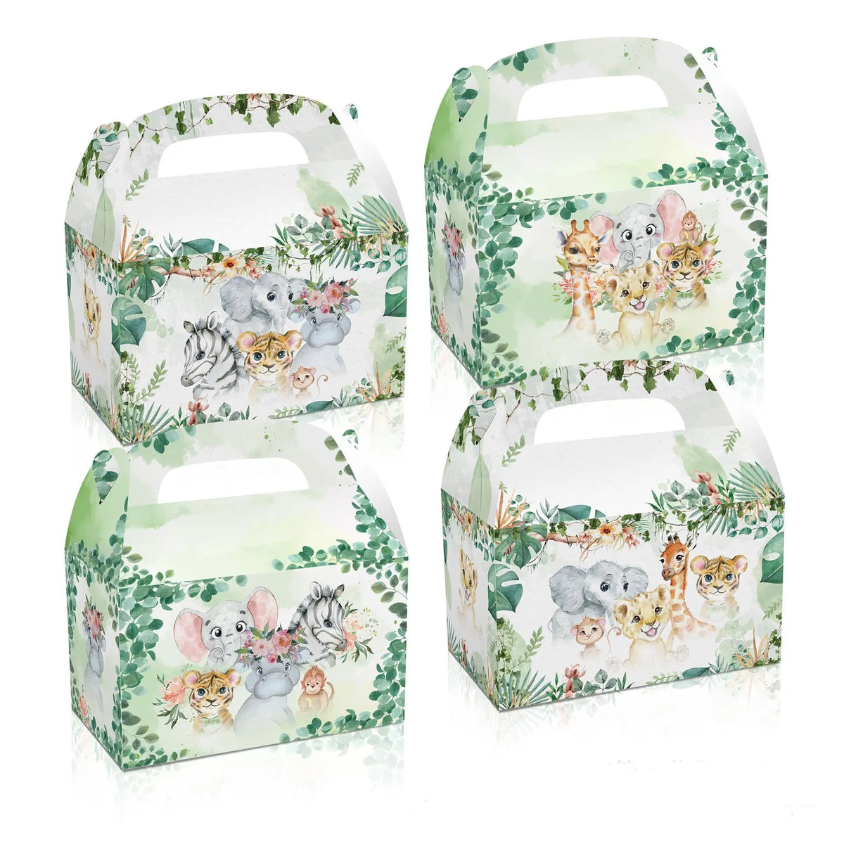 A set of green cardboard boxes decorated with watercolor illustrations of safari animals like elephants and lions for birthda