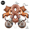 A set of foil balloons shaped like horses and a large number eight in a bronze color with wooden wheels