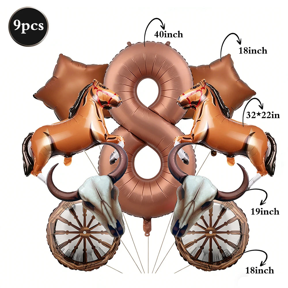 A set of foil balloons shaped like horses and a large number eight in a bronze color with wooden wheels