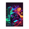 A set of three retro gaming canvas wall art prints displayed in a dark, neon-lit environment.