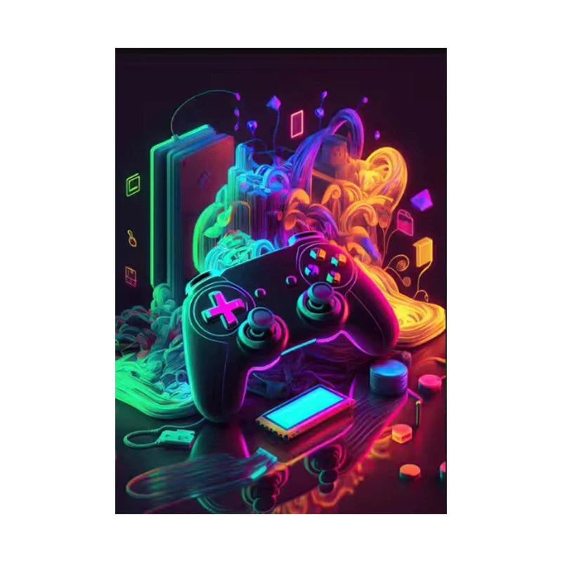 A set of three retro gaming canvas wall art prints displayed in a dark, neon-lit environment.