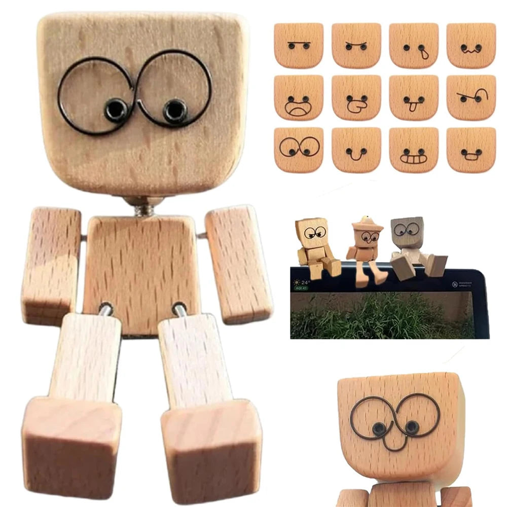 Handmade wooden shaking figure with magnetic expressions showing various facial emotions.