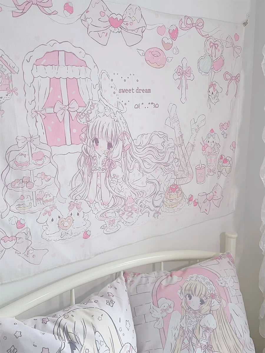 A white tapestry wall hanging featuring a sweet dream theme with pink and purple cartoon characters and bows for bedroom deco