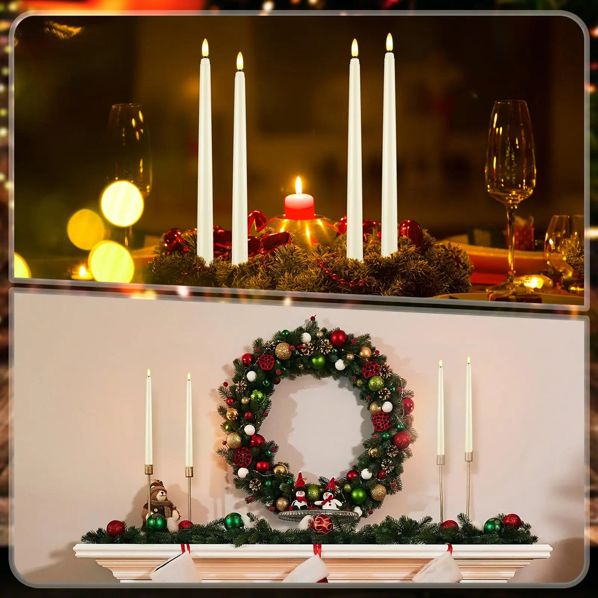 A display of six white taper candles arranged in a wreath on a wooden tray with festive greenery and red berries.