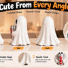 White ghost figurine shown from front, side, back, and face detail views with a soda can for Halloween decor