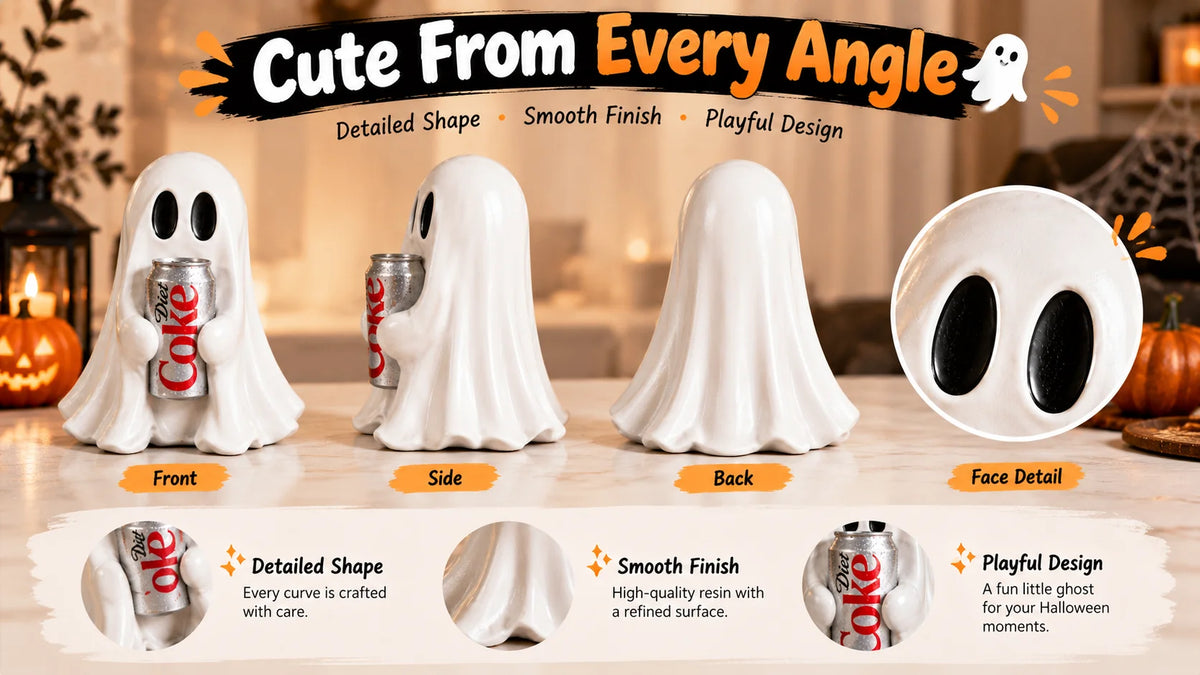 White ghost figurine shown from front, side, back, and face detail views with a soda can for Halloween decor