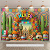 A vibrant Mexican fiesta backdrop featuring colorful cacti, flowers, and decorative elements for photography.