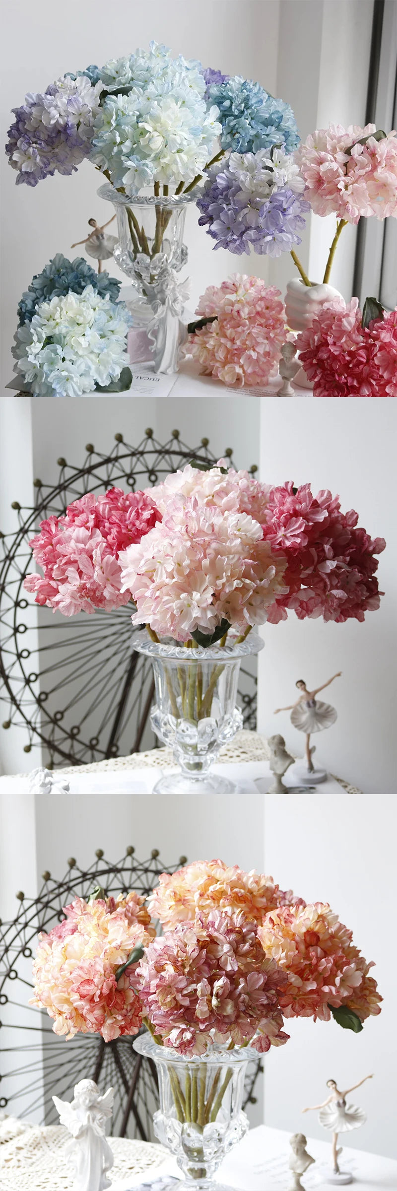 A close-up of pink and purple silk hydrangea stems with vintage burnt edge petals arranged in glass vases.