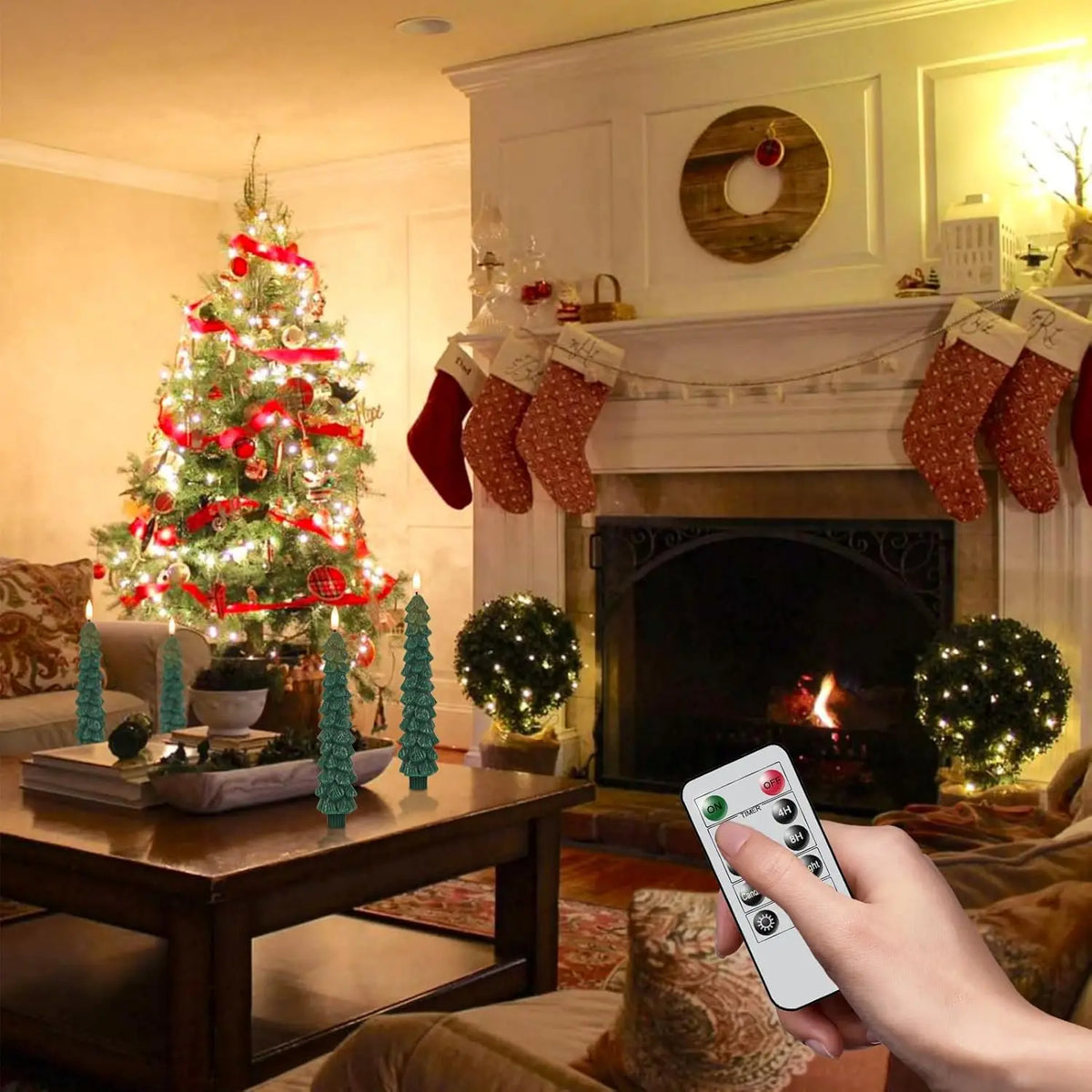 Christmas Tree LED Taper Candles with Remote Control and Timer